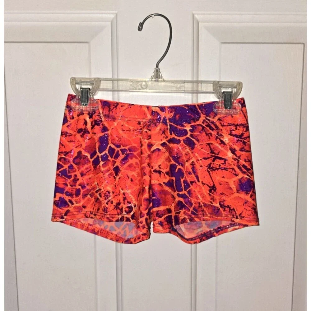 Motionwear Orange Purple Lava Crackle Dance Gym Shorts SA, Fits like Large Child